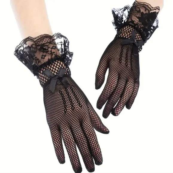 Elegant Black Tight Knit Fishnet & Lace Ruffle Gloves W/A Cute Black Satin Bow - Picture 2 of 7